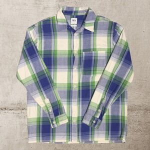 Zara Relaxed Fit Flannel Men's Large Green‎ Purple Plaid Grunge Hipster Western